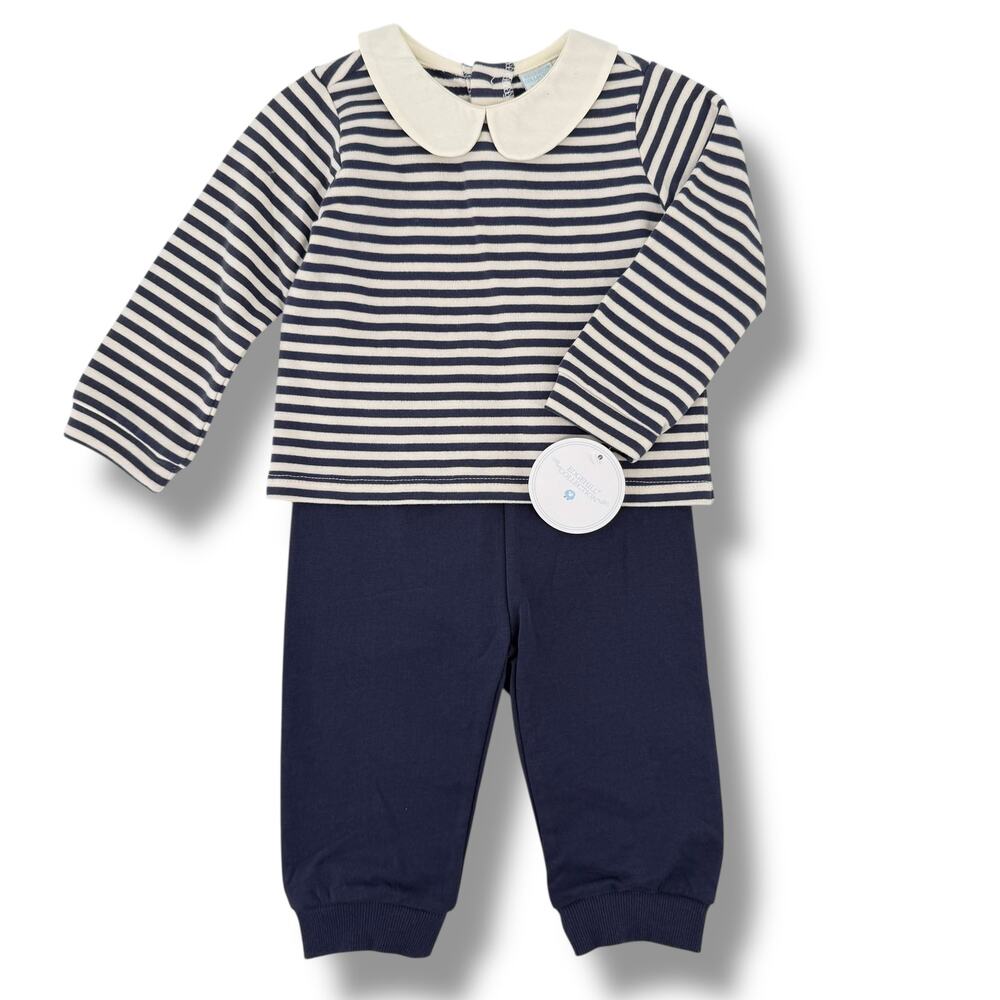 Edgehill Collection Navy Stripe 2pc Outfit Baby Boy Sz 9M Peter Pan Collar
